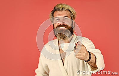Morning begins with coffee. Understanding Your Daily Rhythms. Man with beard in bathrobe enjoy morning coffee. Guy in Stock Photo