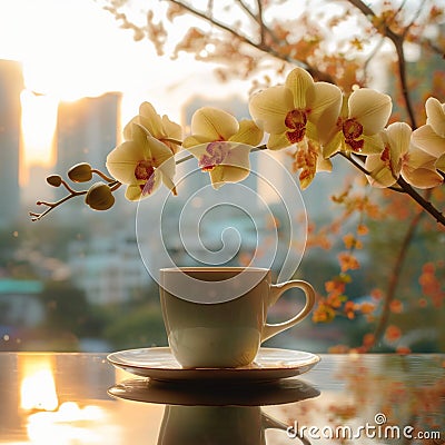 Morning bliss coffee cup, phalaenopsis orchid, and city awakening Stock Photo