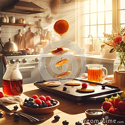 Morning Bliss: Cooking Pancakes in Sunlit Kitchen Breakfast Scene Stock Photo
