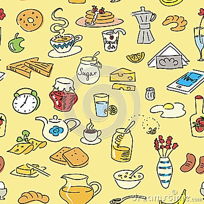 Morning breakfast doodle colored seamless pattern. Stock Photo