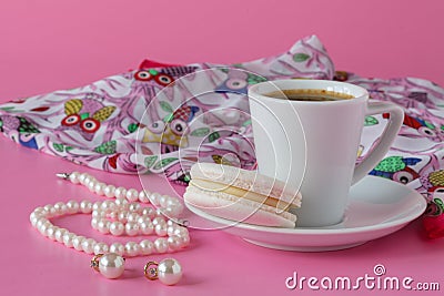 Morning brearfast on table with bijouterie and coffee cup Stock Photo