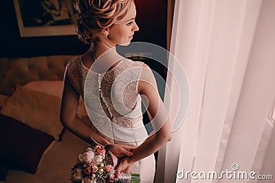 Morning bride in hotel room Stock Photo