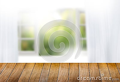 morning bright curtain window and empty table blurred backgroun Stock Photo