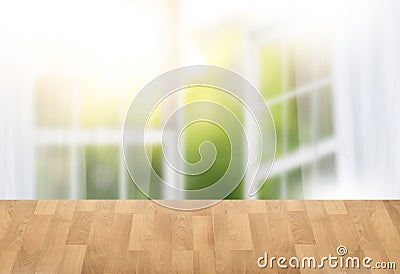 morning bright curtain window and empty table blurred backgroun Stock Photo