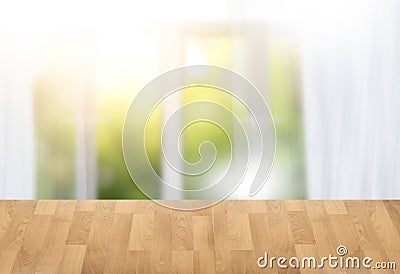 morning bright curtain window and empty table blurred backgroun Stock Photo