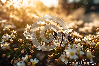 Morning Buzz: Bees in a Flower Field Stock Photo