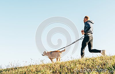 Morning Canicross exercise. Man runs with his beagle dog Stock Photo