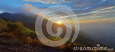 Morning Sunrise Shining at Cikuray Mountain, Garut Stock Photo