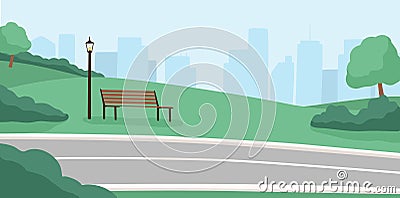 Morning city park, empty public place, high rise buildings. Cityscape with trees, bushes, lanterns, bicycle path Vector Illustration