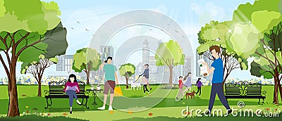 Morning city park with happy family having fun,girl walking the dog, young boy talking on phone,man reading news paper and women Stock Photo