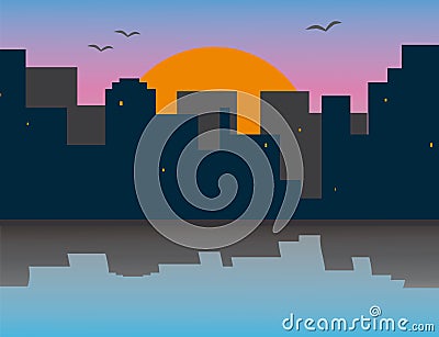 Morning city on the river bank Vector Illustration