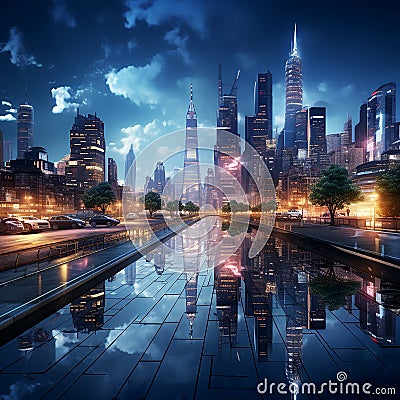 Morning cityscape with fantasy skyscrapers Stock Photo