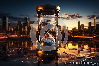Morning cityscape with hourglass, representing modern life and time management Stock Photo