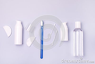 Morning Clean Concept Oral Cavity Teeth Toothbrush Cream Cotton Buds Cotton Sponge Top View Flat Lay Blue Background Stock Photo