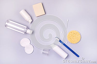 Morning Clean Concept Oral Cavity Teeth Toothbrush Cream Cotton Buds Cotton Sponge Top View Flat Lay Blue Background Stock Photo