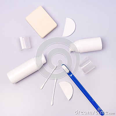 Morning Clean Concept Oral Cavity Teeth Toothbrush Cream Cotton Buds Cotton Sponge Top View Flat Lay Blue Background Stock Photo