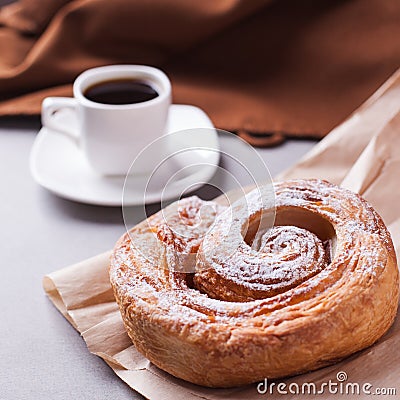 Morning coffee and biscuit - high-calorie breakfast, unhealthy food, modern bad habits, caffeine and fast carbohydrates. Stock Photo
