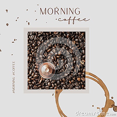Morning coffee. Gold coffee capsule on pile of roasted coffee beans. Overhead Stock Photo