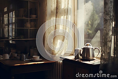 Morning coffee on the kitchen table with soft light illuminating the walls and draped window Stock Photo