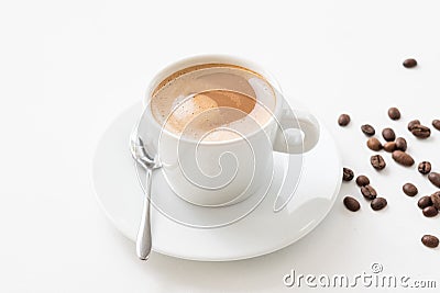 Morning coffee latte cup beans white background Stock Photo