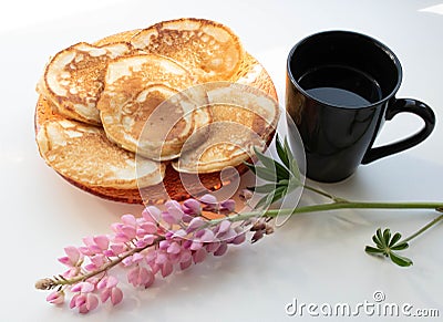 Morning coffee with pancakes cup Stock Photo