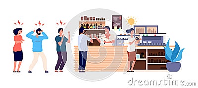 Morning coffee. People queue in cafe. Angry and happy office workers waiting drinks vector illustration Vector Illustration