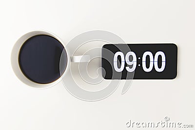 Morning coffee with time display on digital clock on mobile phone Stock Photo