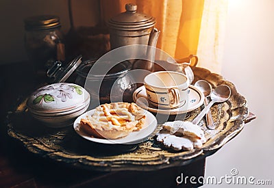 Morning coffee with vintage kitchen props and homemade cookies Stock Photo