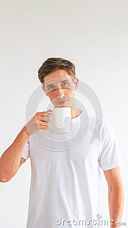 Morning coffee wake up habit confident pleased man Stock Photo