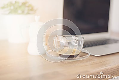 Morning Coffee. Working From Home. Cup Of Coffee And Italian Coffee Maker In Blue. Bright And Clean Modern Minimalist Kitchen, Stock Photo