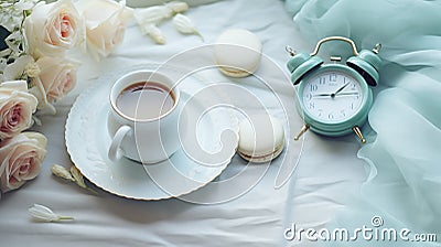 A morning cup of coffee, macaron cakes, and a nostalgic vintage alarm clock Stock Photo