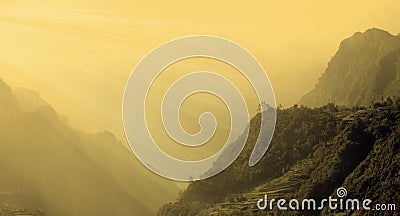 Morning dawn misty mountains Stock Photo