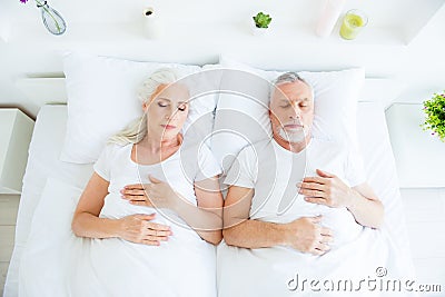 Morning daydream concept. High angle top view of two grey hair c Stock Photo