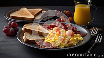 Morning Delight, Scrumptious Scrambled Eggs with Bacon, Toast, and a Fresh Fruit Medley. Generative AI Stock Photo