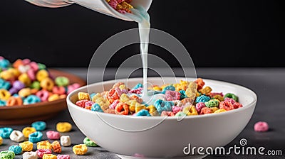 Morning Delight White cereal bowl filled with creamy milk cascading over a vibrant assortment of fresh fruits and colorful cereals Stock Photo