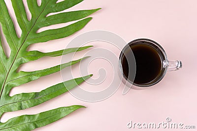 Morning espresso coffee in mug with green leaf on pastel pink ba Stock Photo