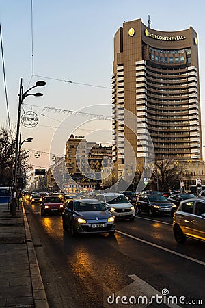 Morning and evening rush hour, stopped cars and heavy traffic on the main boulevard of Bucharest, Romania, 2020 Editorial Stock Photo