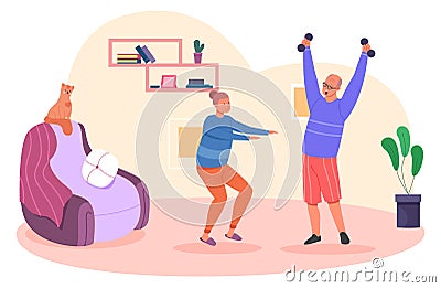 Morning exercise at senior couple home. Healthy lifestyle Vector Illustration