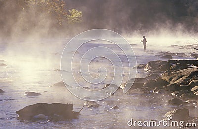 Morning fishing in fog on Housatonic River, Stock Photo