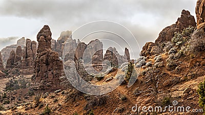 Morning Fog on the Arches Primitive Trail Stock Photo