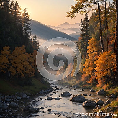 Morning fog among the mountains near the fast river Katun with trees and stones on the shore in the Altai in Stock Photo