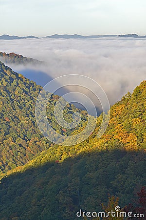 Morning fog at sunrise in autumn mountains of West Virginia in Babcock State Park Stock Photo