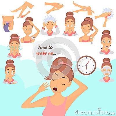 Morning girl hygiene color flat icons set. Girl awakening illustration for web and mobile design Cartoon Illustration