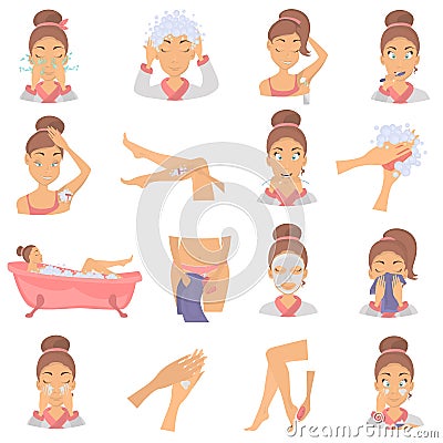 Morning girl hygiene color flat icons set. Girl awakening illustration for web and mobile design Stock Photo