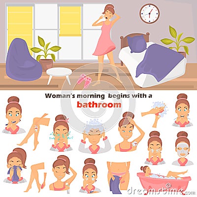 Morning girl hygiene color flat icons set. Girl awakening at the room illustration for web and mobile design Cartoon Illustration