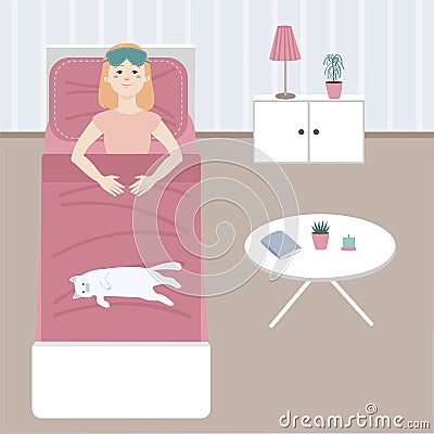 In the morning the girl woke up and lies in bed next to the cat. Vector Illustration