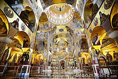 Morning in gold lighted church. Stock Photo