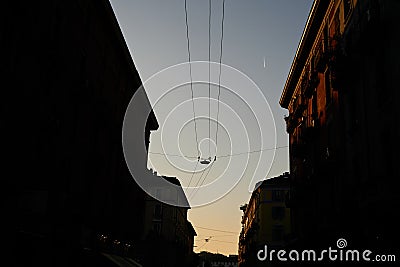 Morning on historical street with buildings and streetlight Stock Photo