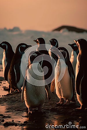 Morning Huddle: Penguins in Icy Landscape Stock Photo