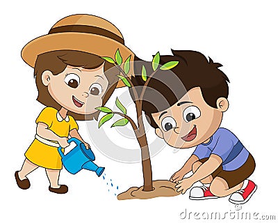 In the morning,kid planting a tree. Vector Illustration